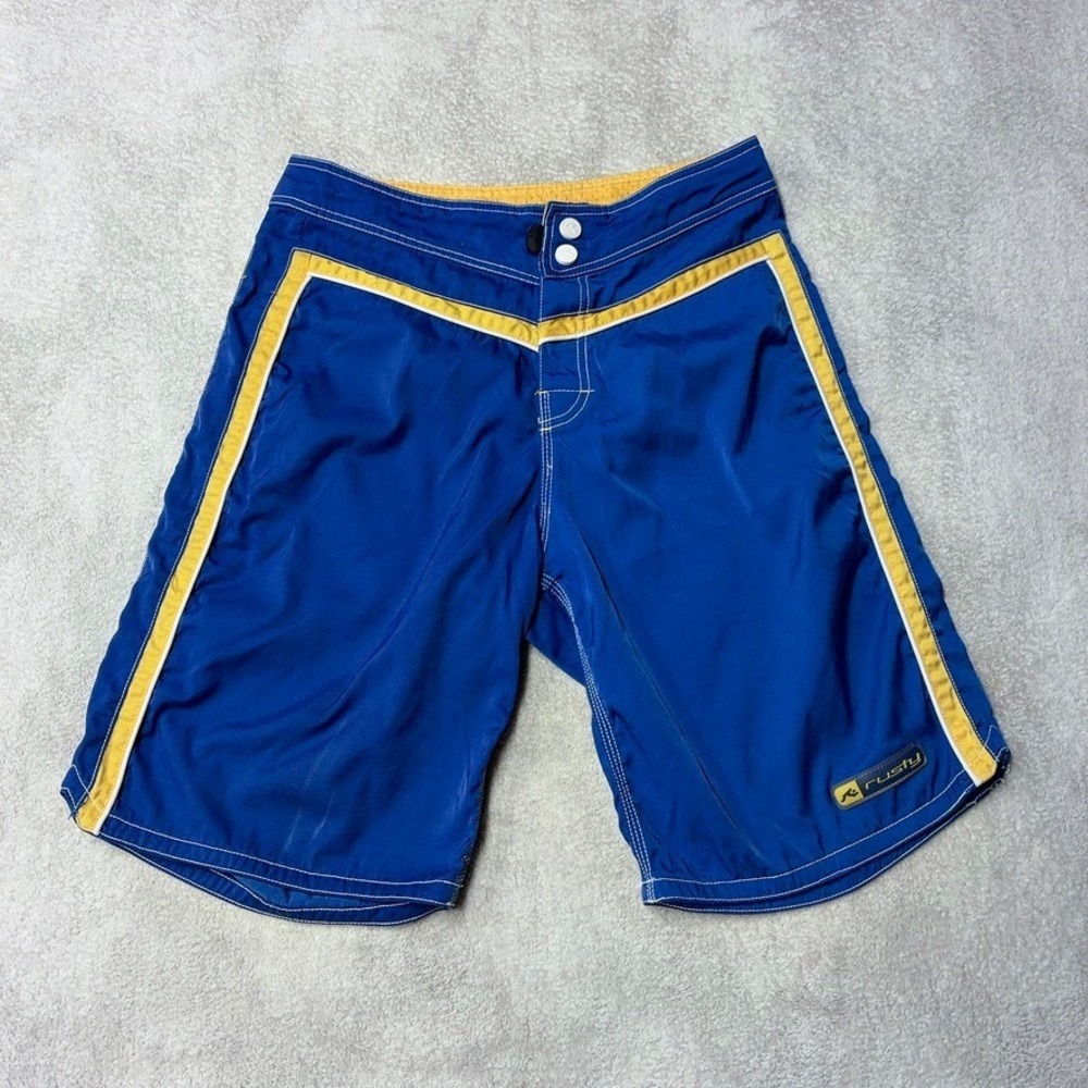 Vintage Y2K Rusty Board Shorts Men 31 Surf 100% Nylon Blue Yellow Swim Trunks